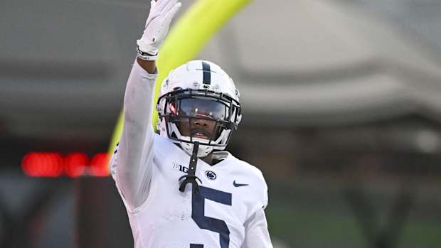 Nov 6, 2021; College Park, Maryland, USA; Penn State Nittany Lions wide receiver Jahan Dotson (5) reacts after a second half touchdown reception against the Maryland Terrapins at Capital One Field at Maryland Stadium. Mandatory Credit: Tommy Gilligan-USA TODAY Sports